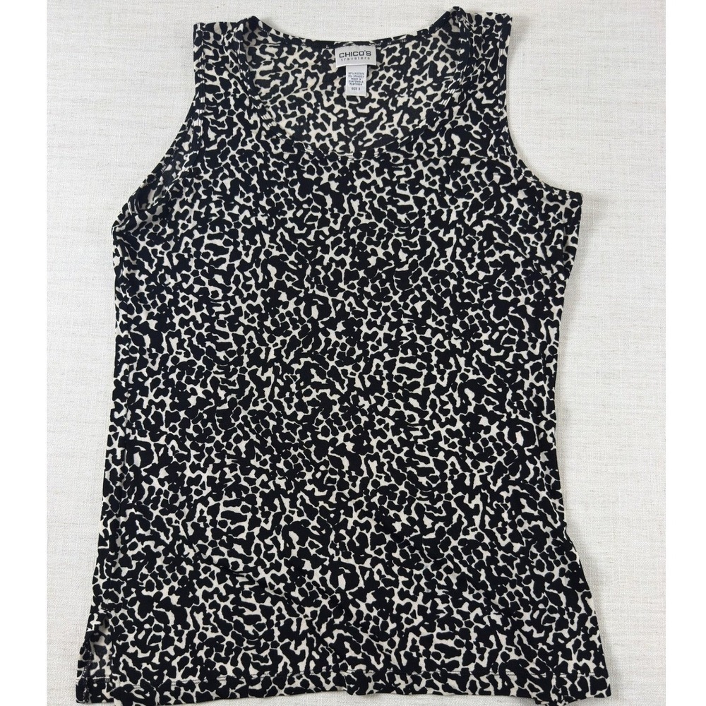 Chicos Travelers Tank Top Womens 3 XL Black White Animal Print Sleeveless Knit